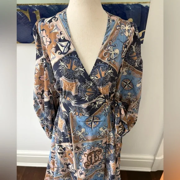 Zimmermann Patchwork Sailor Print Blue and Tan Long Sleeve Wrap Dress